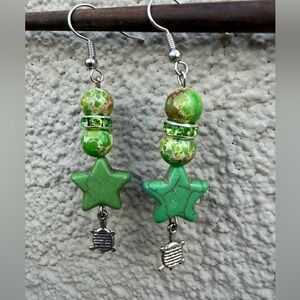 Green Star with Silver Turtle Charm Earrings
